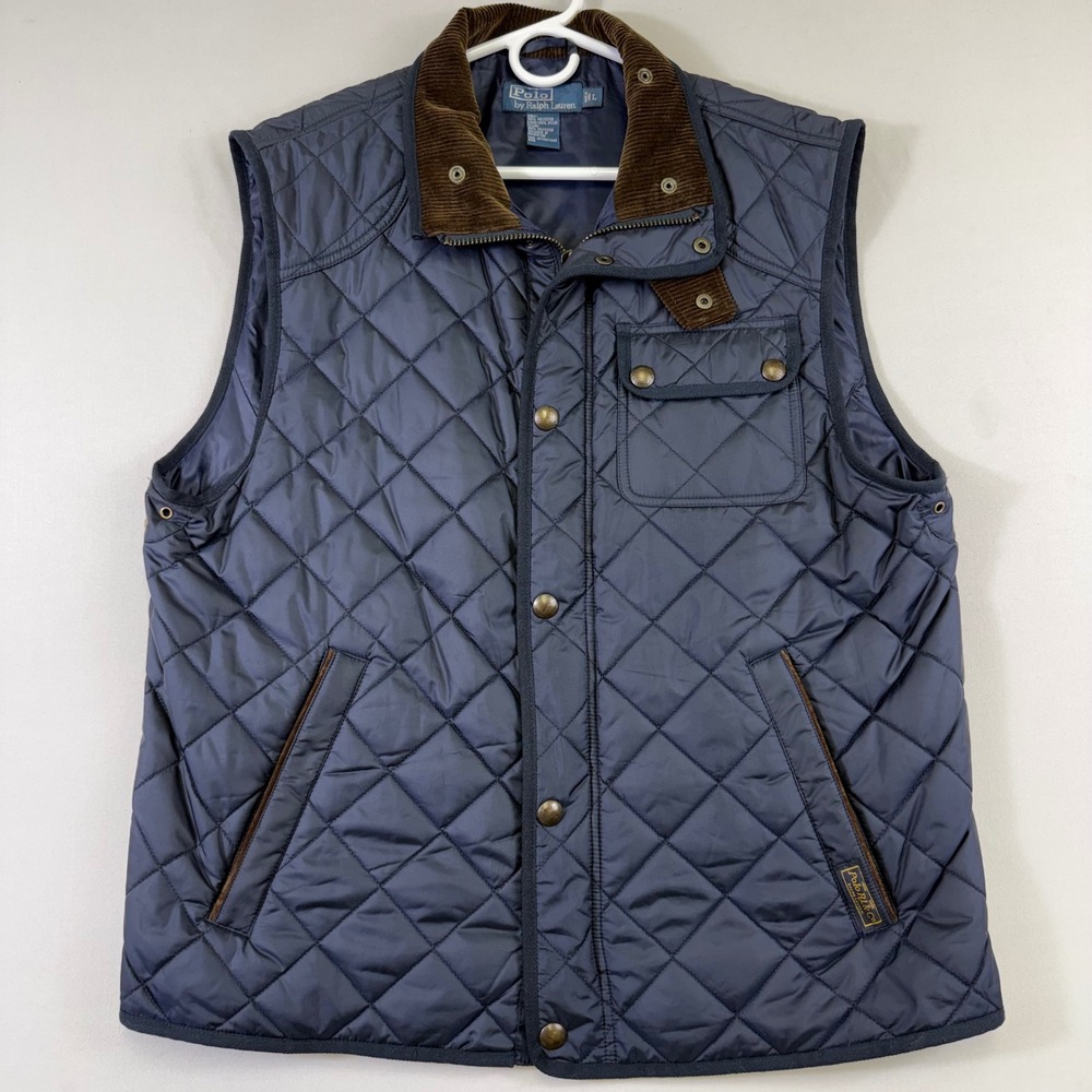 Polo Ralph Lauren Quilted Vest Mens Large Navy Blue Corduroy Trim Polo Club EUC